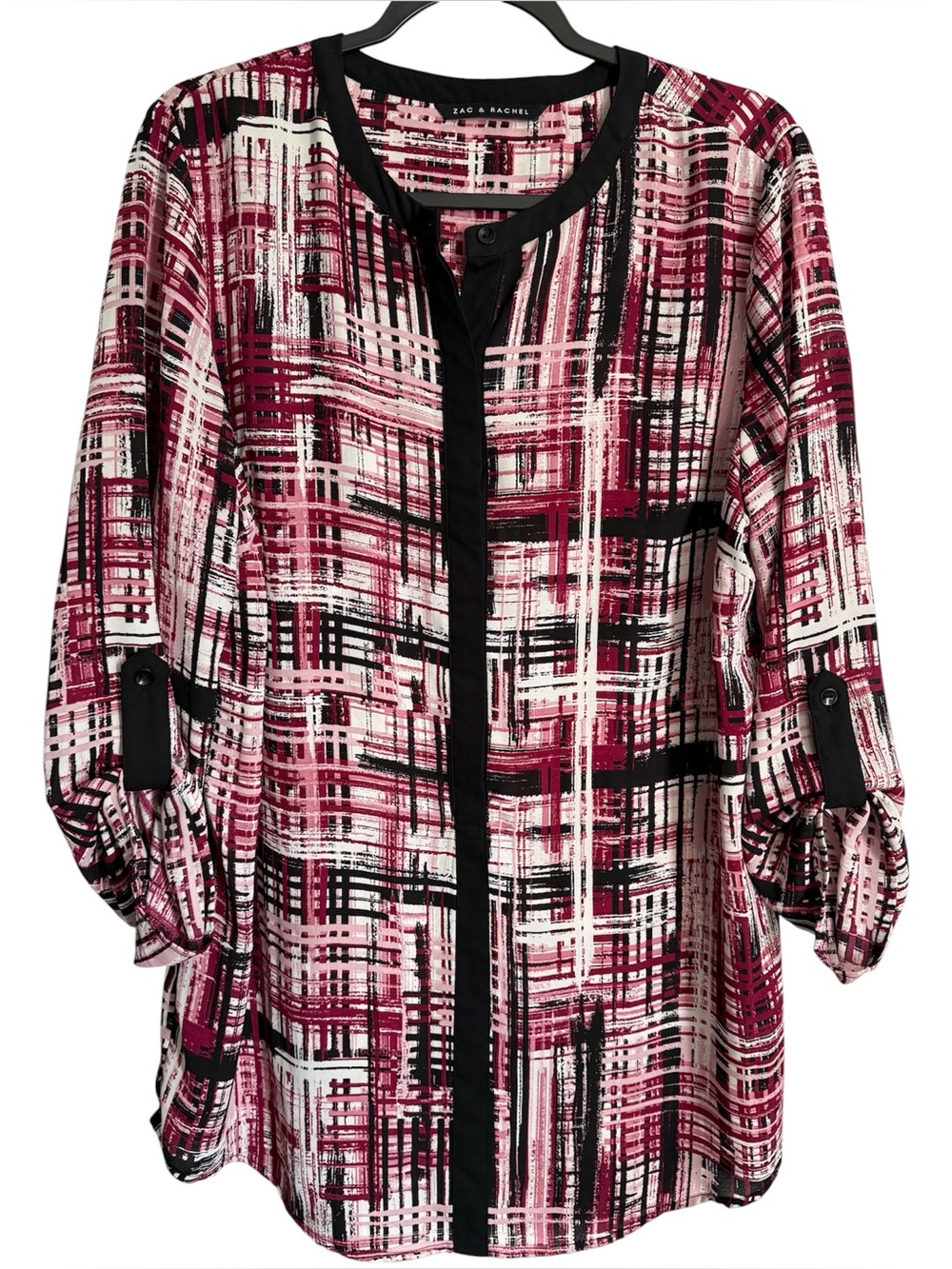 ZAC & RACHEL Pink Plaid Print Roll-Sleeve Tunic Blouse